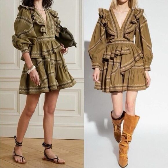 Ulla Johnson Olive Anais Embroidered Ruffle Mini Dress Size 6 Cotton Boho Chic - Picture 1 of 16